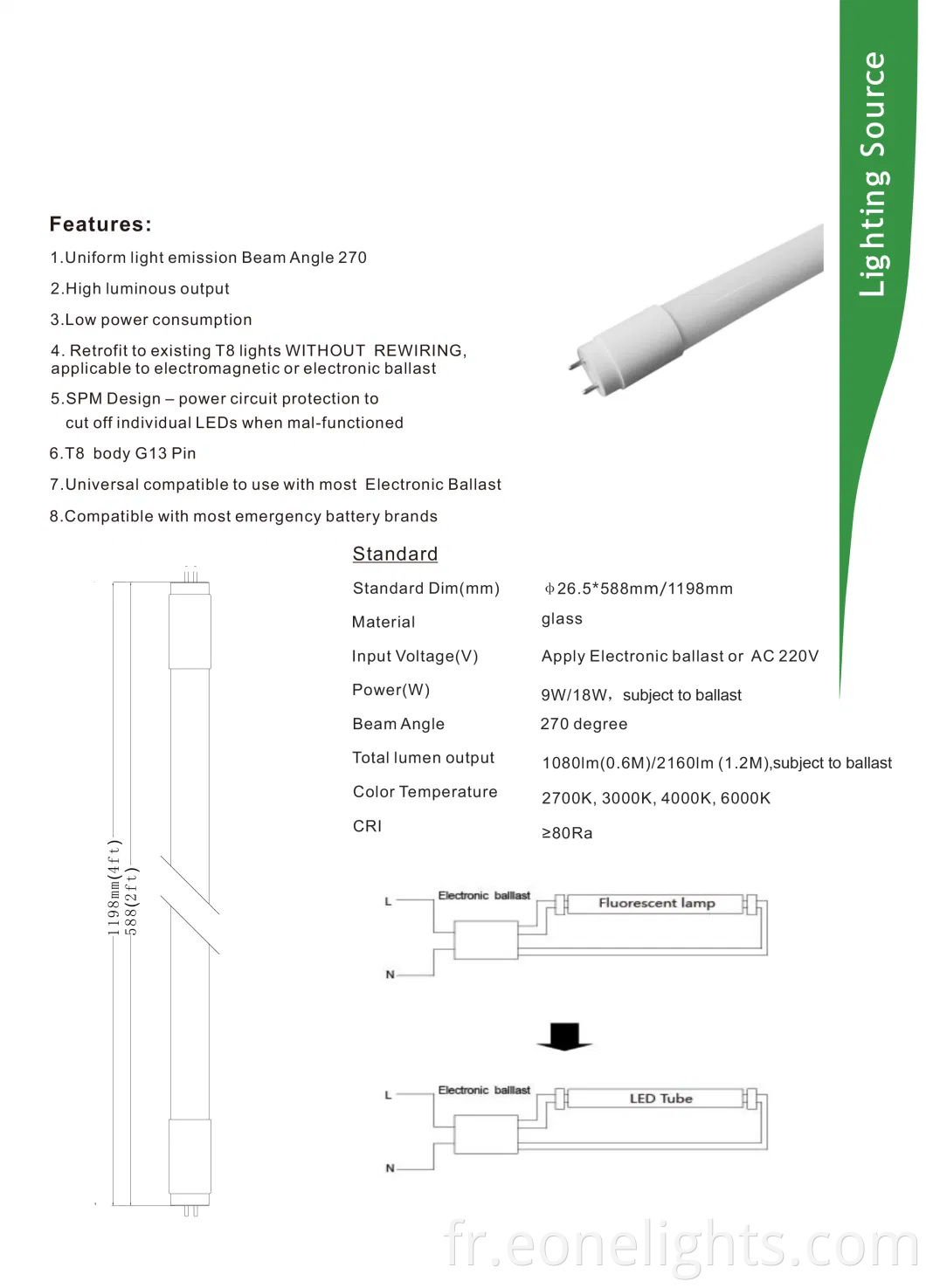Chine Factory 6000K Froid blanc 18W 0,6 m ample à LED Tube LED T8